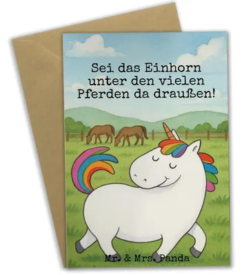 Produktbild von Mr. & Mrs. Panda Glückwunschkarte Einhorn Stolzieren Design - Weiß - Geschenk, hochzeitskarten, weihnachtskarten, einladungskarten, Pferd, Grußkarten, Reiter, Einhörner