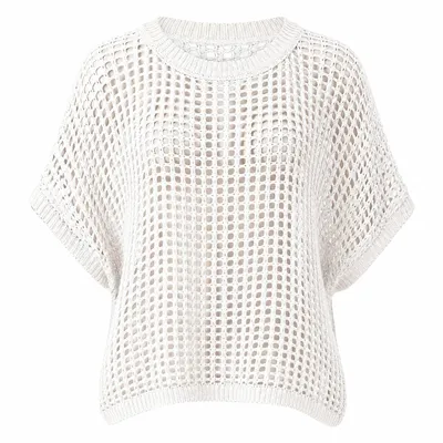 Immagine prodotto di Top da donna in maglia all'uncinetto, leggero, con maniche corte, traspirante. Marca: SUNLACE. Colore: bianco. Taglia: L/XL