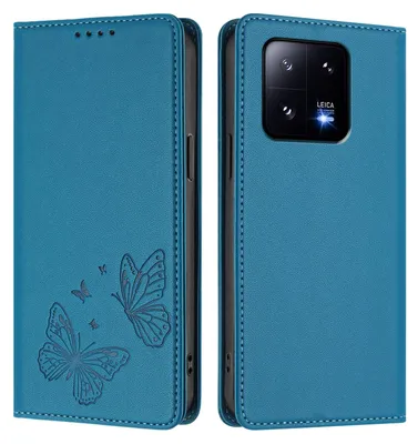Produktbild von Lederhülle für Xiaomi 13 Pro, Schmetterling Prägung Leder Brieftasche Schutzhülle mit Ständer Blau