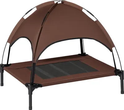 Produktbild von Erhöhtes Hundebett mit Baldachin, Haustierbett, Hundeliege outdoor mit Dach, Atmungsaktiv, Taftstoff für Camping Kaffee 76 x 61 x 73 cm