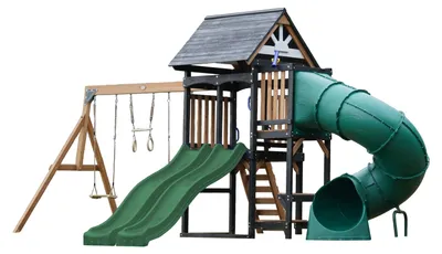 Image de Axi Cody Aire De Jeux En Bois, 2 Balançoires, Toboggan Tubulaire Et Double Toboggan Vert | Maisonnette Xxl Pour Enfants Avec Structure D'Escalade Et