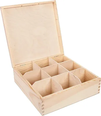 Produktbild von Teebox aus natürlichem Kiefernholz - Teekiste mit 9 Fächer und Deckel - Teebox - Teekasten - HolzBox - Unbehandelt - Tee-Organizer