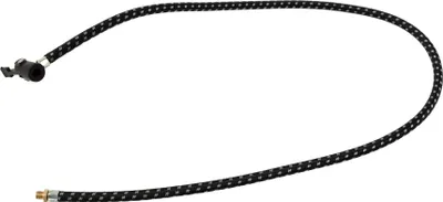 A black and white braided hose with a nozzle on one end and a threaded connector on the other, isolated on a white background.