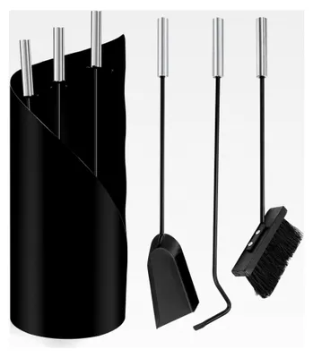 Produktbild von 4-teiliges Kaminbesteck, modernes Set in Schwarz mit Edelstahlgriffen, Kamingarnitur mit Besen, Schaufel, Eisenhaken und Ständer