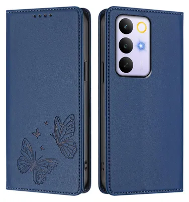 Image de Étui en cuir pour Realme C85 5G, étui de protection type portefeuille en cuir gaufré « papillon » avec support, bleu foncé