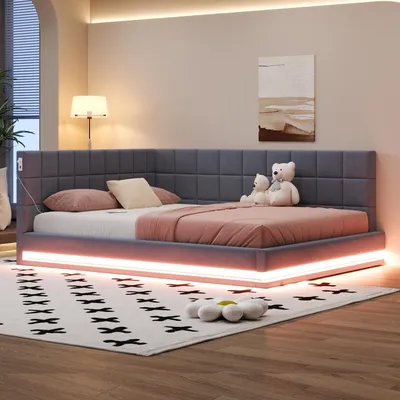 Image de MODFU Lit Gigogne 160x200 cm - Lit Double avec Coffres Réversibles et Éclairage LED, Rangement Pratique, Tissu Contreplaqué MDF, Sans Matelas - Gris