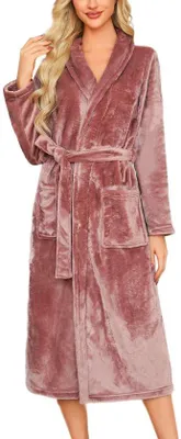 Produktbild von Unyqoos® Fleece-Bademantel Damen – warmer Korallfleece (100% Polyester), lange Ärmel, Taschen & verstellbarer Taillengürtel, kuscheliger Hausmantel für Zuhause