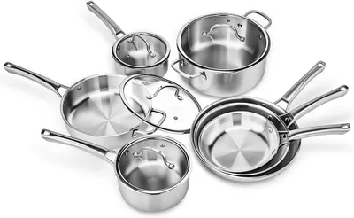 Produktbild von Edelstahl Topf- und Pfannenset 11-teilig mit 3 Bratpfannen, 4 Töpfen und 2 Deckeln, induktionsgeeignet und spülmaschinenfest, frei von und PTFE