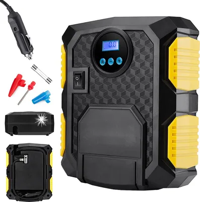 A collage of images showing a portable air compressor and its accessories.