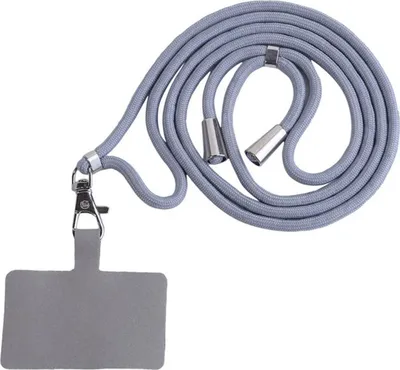 A gray nylon lanyard with a phone holder and metal clasp, isolated on a white background.