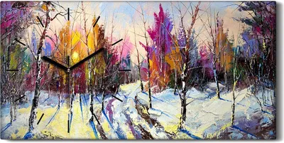 Produktbild von Wanduhr Bürouhr Leinwand Bild 60x30 Malerei Winter Schnee Wald Bäume Natur Kunst - schwarze Hände