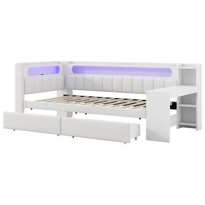Obrázek produktu pro okwish rozkládací postel 90x200 s USB porty a LED pásem, denní postel se 2 zásuvkami a psacím stolem, denní postel s dřevěným rámem, bez matrace, bílá