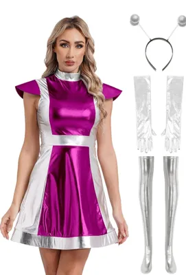 A woman is modeling a metallic space-themed costume.