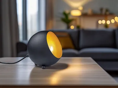 Produktbild von Kleine LED Tischlampe rund aus Metall Lampenschirm in Schwarz matt & innen Gold