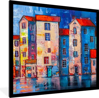 Produktbild von MuchoWow® Gerahmtes Poster Gemälde - Ölfarbe - Haus - Wasser 40x40 cm - Poster mit Schwarzem Bilderrahmen Wandposter Rahmen Foto Bilder - Mit Rahmen - Wanddekoration Schlafzimmer