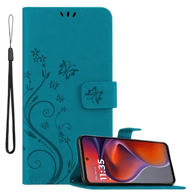 Produktbild von Cadorabo Hülle für Motorola Moto G15 Hülle in FLORAL BLAU Schutzhülle im Blumen Design mit Magnetverschluss, Standfunktion und Kartenfächern Book Case Cover