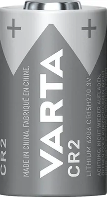 A close-up studio shot of a Varta CR2 Lithium battery.