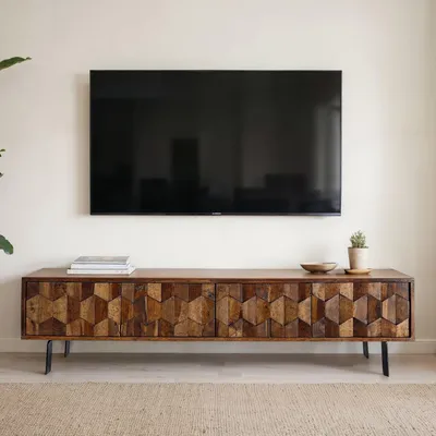 Image de FineBuy Meuble TV bas en bois massif de sheesham 160 cm avec façades 3D, 4 portes, passage de câbles et pieds métalliques, noir Meuble TV design pour salon