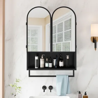 Produktbild von MODFU Spiegelschrank Doppelbogen mit 2 Türen und verstellbaren Regalen, moderner Medizinschrank Wandschrank mit Handtuchhalter und Stauraum, Schwarz