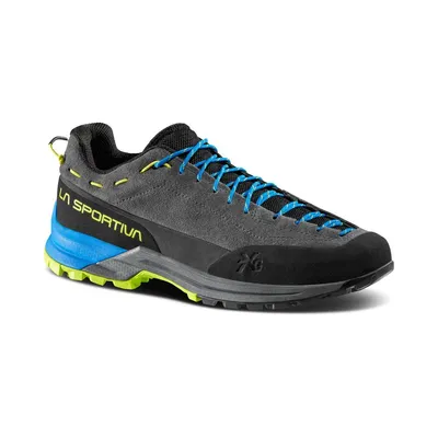 Schwarz-graue Zustiegsschuhe für Herren von La Sportiva mit blauen Schnürsenkeln und grünem Profil.