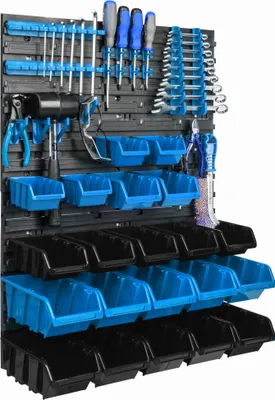 Immagine prodotto di Pannello porta attrezzi da appendere 58x78cm con 21 pezzi. Scatole blu montate a parete con set di supporti in plastica
