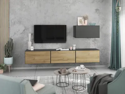 Produktbild von Wohnwand VARIANTO 4 Schrank Set 4 tlg., 228 cm, anthrazit matt / anthrazit matt / Evoke Eiche M2, Wandhängend, 4 Schränke mit Klappen und Softclose