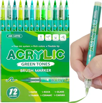 Zdjęcie produktu dla Zestaw markerów akrylowych, 12 kolorów, wodoodpornych, z elastyczną końcówką, do użytku na kamieniu, szkle, drewnie i tkaninach