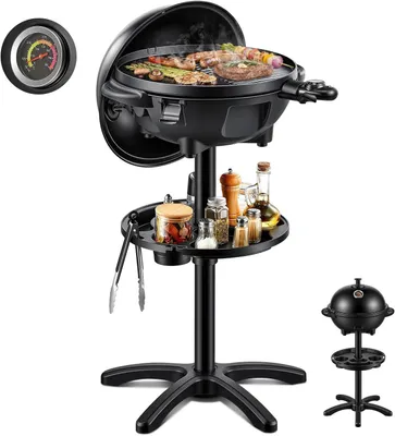 Obrázok produktu pre Elektrický gril, 2 v 1, 2400 W, stolný gril a podstavec, integrovaný teplomer, nepriľnavý povrch, priemer 41 cm, odkvapkávacia miska, čierna farba