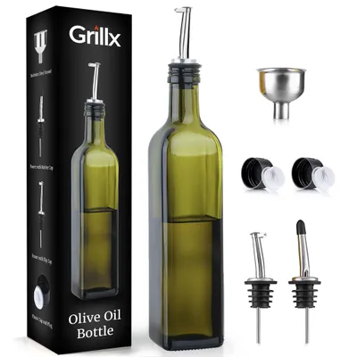 Produktbild von Grillx Olivenöl Glasflasche 500ml – mit Ausgießer, Trichter & Zubehör – Ölflasche BBQ Zubehör