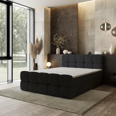 Produktbild von Masseno Boxspringbett BRUME 180x200 cm Komplett-Set mit Bonell Matratze und Topper, Polsterbett mit Bettkästen -Schwarz, QUELLE 100