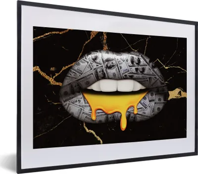 Produktbild von MuchoWow® MuchoWow® Gerahmtes Poster Lippen - Geld - Abstrakt 40x30 cm - Poster mit zchwarzem Bilderrahmen - Bilderrahmen - Poster im Rahmen