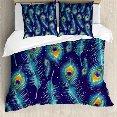 Obrázok produktu pre ABAKUHAUS Sada obliečok na posteľ Pfau, Grafický farebný páv Vtáčie perie Umelecký pôvod Navrhnuté Obraz Maľba, 155 x 220 cm + 80 x 80 cm, Oranžová a modrá
