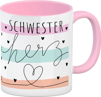 Produktbild von Herzen Kaffeebecher in rosa mit Spruch Schwesterherz