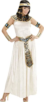 A woman wearing an Egyptian-style costume, posing against a white background.
