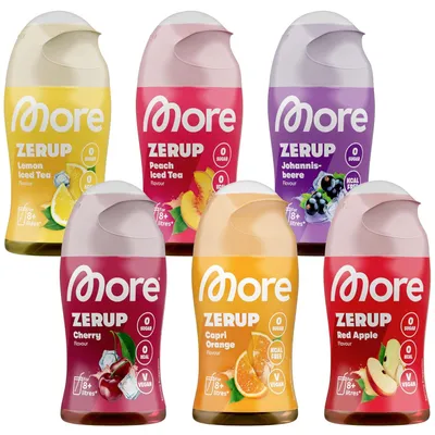 Produktbild von MORE Zerup, mixed 6er Bundle, 6 x 65 ml, verschiedene Sorten, für bis zu 48 l Fertiggetränk, zuckerfreier Sirup mit u.a. echten Fruchtextrakten, vegan