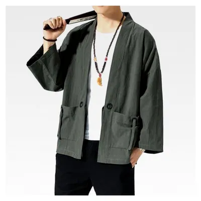 Produktbild von Herren Kimono Cardigan Japanische Jacken Baumwolle Leinen Mantel Leichte Ärmel Offenes Front-Outwear Sieben Ärmel Cardigan Traditionelle Kleidung Noragi Mantel Haori