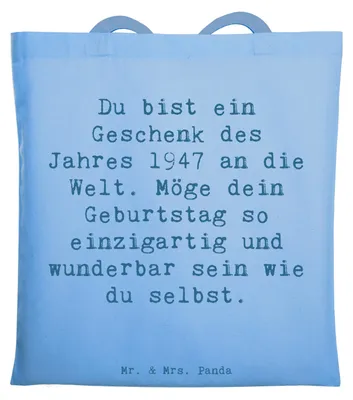Produktbild von Mr. & Mrs. Panda Tote Bag Spruch 1947 Geburtstag - Sky Blue - Geschenk, Geburtstagsgeschenk, Laptoptasche, Stoffbeutel, Jubiläum, Glückwunsch, Schultasche, Tasche, Feier