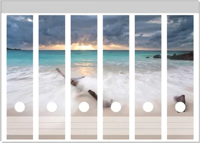 Produktbild von Wallario Ordnerrücken Sticker, selbstklebend für breite Ordner, 6 Stück, Motiv Wellen am Strand bei Sonnenuntergang