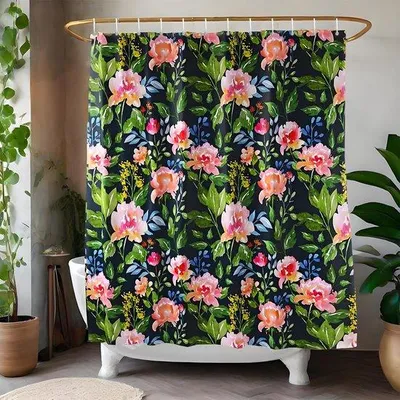 Produktbild von Ibenzoa® Duschvorhang mit Aquarell‑Blumenmuster – schwarz mit grünen Blättern & rosa Blüten, wasserabweisendes Polyester, 180×200 cm