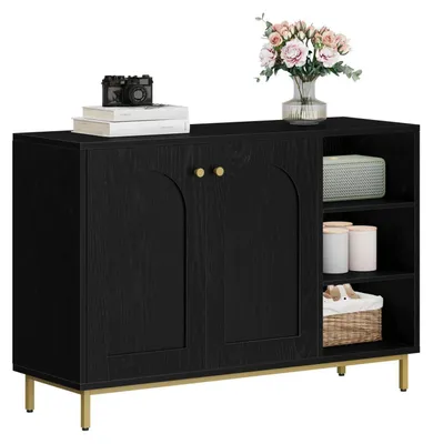 Image de Armoire de salle de bain avec 2 portes et un compartiment ouvert, étagère réglable, dimensions : 35 x 100 x 75 cm, couleur : noir