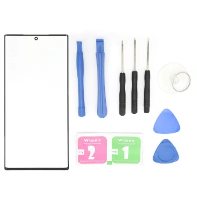 A flat lay of a smartphone screen replacement kit, including the screen, tools, and cleaning wipes.