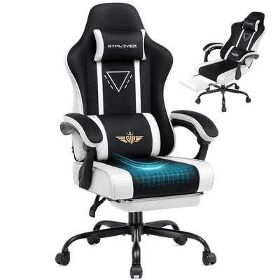 Produktbild von GTPLAYER Gaming Stuhl Ergonomischer Gaming Sessel Schreibtischstuhl mit Stoffoberfläche, Federsitzkissen, Verbindungsarmlehnen und Fußstütze 150KG, we