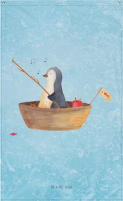 Produktbild von Mr. & Mrs. Panda Wandteppich Pinguin Angelboot - Eisblau - Geschenk, Wandtuch, Optimistisch, Tapestry, Boot, Wandbild, Scheidung, Gobelin, Trennung, Boho