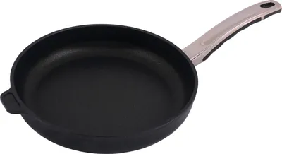 A black frying pan with a silver handle is shown against a white background.