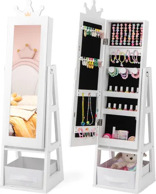 Produktbild von DREAMADE Kinder-Schmuckschrank, freistehender Ganzkörperspiegel mit großer Speicherkapazität, weiß