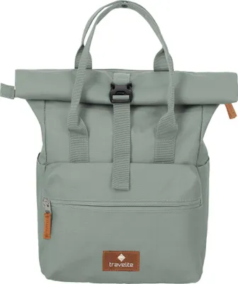 A green backpack is shown from the front against a white background.
