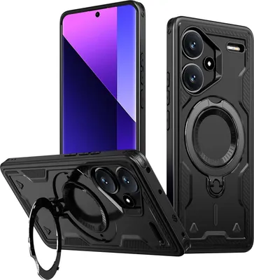 Produktbild von Dual Layer Hülle für Xiaomi Redmi Note 13 Pro+ 5G Metall Ring Ständer Magnetisch Stoßfest Militär Handyhülle Schwarz