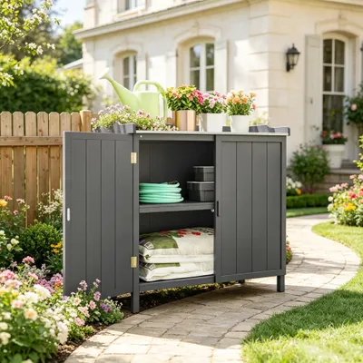 Productafbeelding van 2-in-1 tuinkast en oppottafel 98 x 48 x 95,5 cm, houten tuinkast met verzinkt metalen werkblad, opbergplank en dubbele deuren, grijs