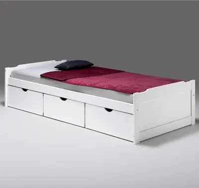 Produktbild von Bett MIA aus massiver Kiefer in weiß, schönes Funktionsbett mit 3 Schubladen, praktisches Jugendbett mit Liegefläche 90 x 200 cm
