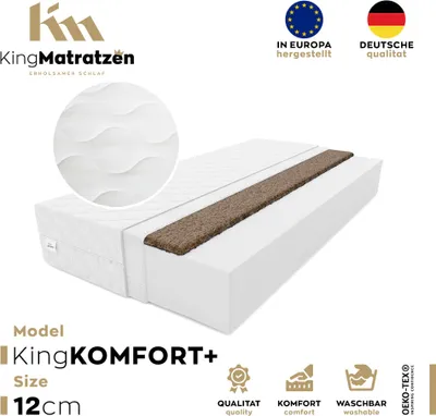 Produktbild von Matratze KingKOMFORT PLUS 90 x 200 x 12 cm aus hochwertigem Kaltschaum | Rollmatratze mit waschbarem Bezug und Kokosmatte | H3/H4